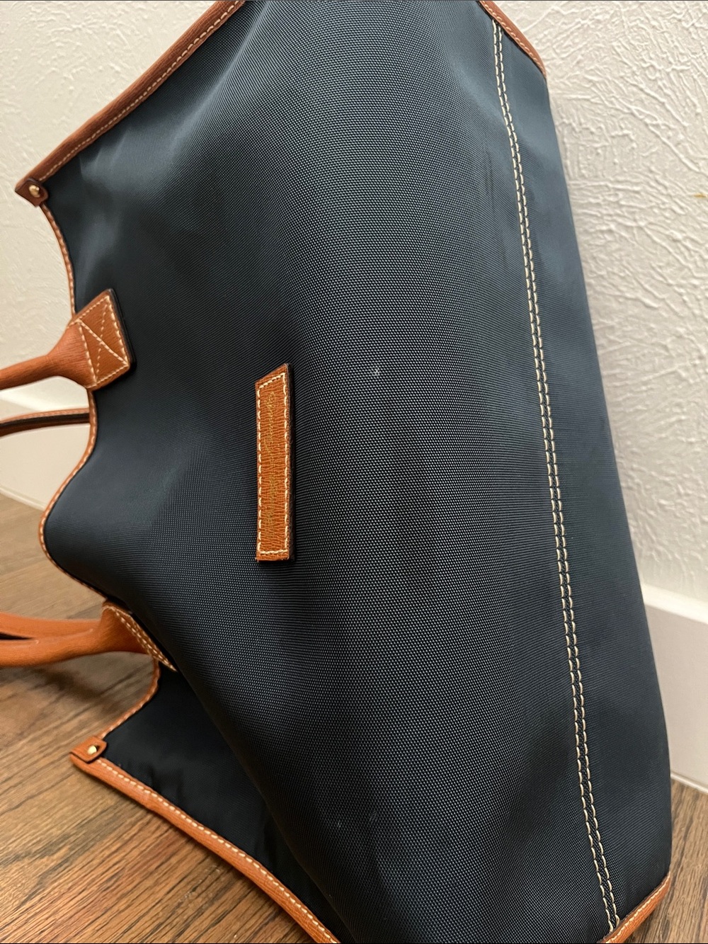 Dooney & Bourke Navy Tote with Tan Leather Trim and Red Interior - Picture 9 of 10